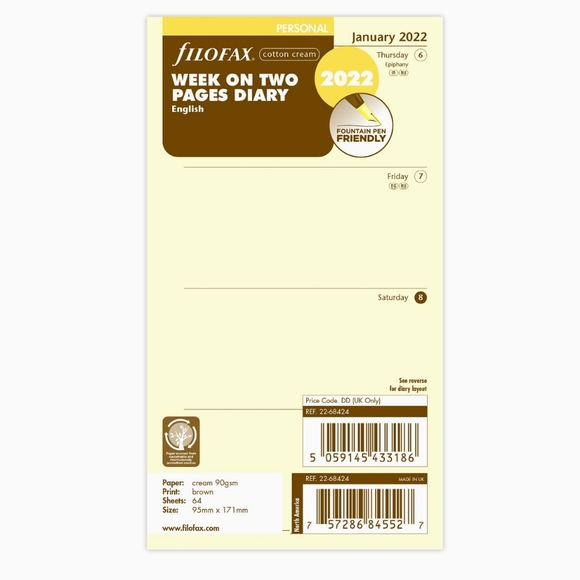 Set of 4 Filofax Personal Size Week On Two Pages Calendar Refill Cream 2022 - Picture 4 of 6